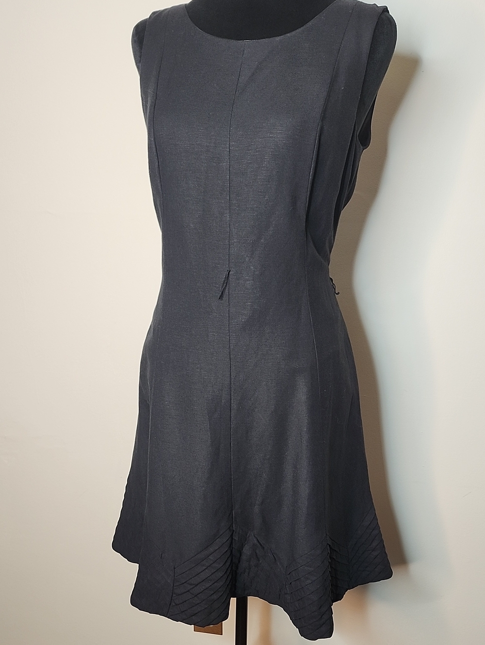 Calvin Klein Linen Blend A-Line Midi Dress Black Sleeveless Pleated Hem 10